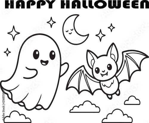 Cute Halloween ghost and bat with moon and stars illustration