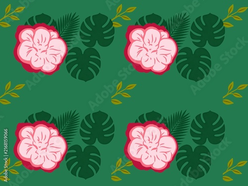 Seamless pattern with tropical pink adenium desert rose flowers and monstera leaves on green background