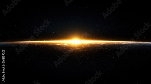 A starry night sky with a bright sun rising over a planet.