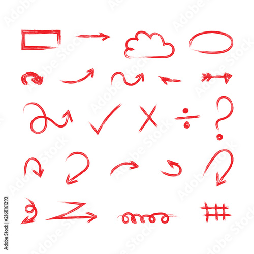 Hand-drawn red vector arrow icons and symbols set on white background isolated on transparent background, Vector, illustration