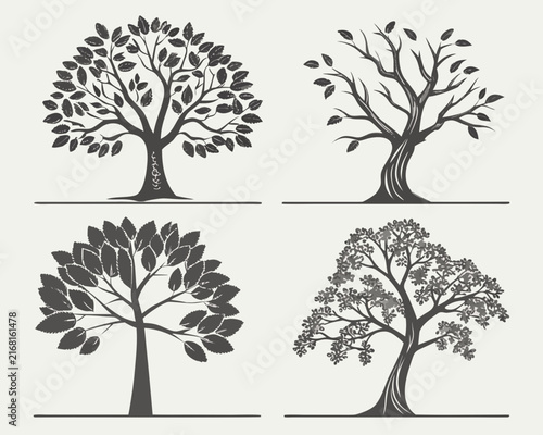 Set of 4 Different Tree Silhouettes for Nature and Environment Designs