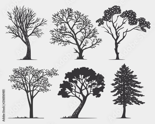 Set of 6 Diverse Tree Silhouettes for Nature, Landscape, and Environmental Design