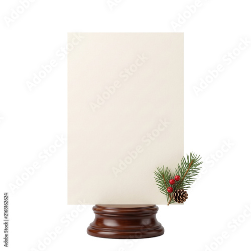 Quadro su tela Blank table card mockup on wooden stand with pine