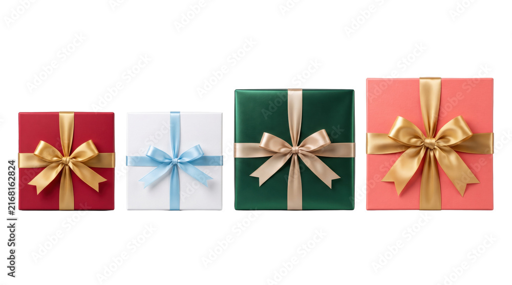 Fototapeta premium Set of colorful wrapped gift boxes with satin bows