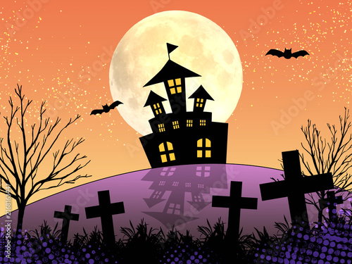 城と月とお墓のハロウィン背景装飾付き