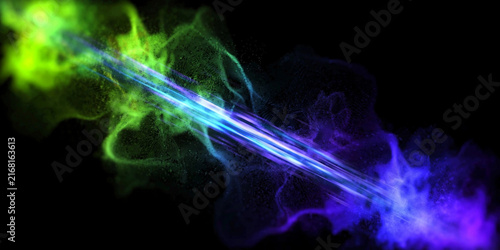 Abstract Toxic Green and Violet Aura with Glowing Energy Beam and Particle Smoke on Black Background