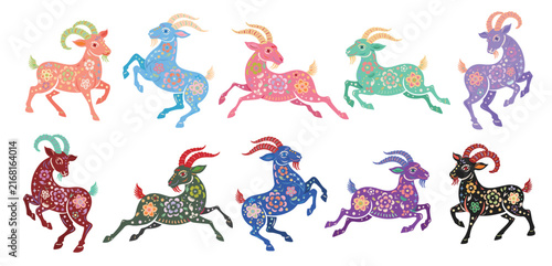 2027 Year of the Goat Colorful Floral Paper Cut Style Chinese Zodiac Goat Set, Ten Traditional Folk Art Goats in Running and Jumping Poses for Lunar New Year and Chinese New Year Designs