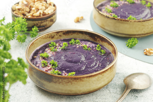 Photography Red cabbage cream soup - traditional dish of Norwegian cuisine