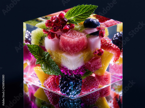 A transparent cube containing endless layers of exotic fruits visible through infinity mirror effect, impossible optical illusion dessert, ultra realistic 8K