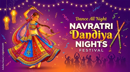 Illustration of couple playing Garba and Dandiya in Navratri Celebration and disco, Gujarati Garba Night poster for Navratri Dussehra festival of India