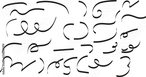 A collection of various hand drawn black ink brush strokes and artistic scribbles on a white background