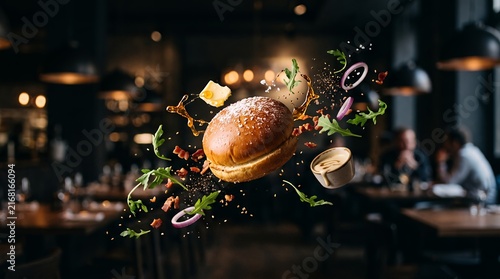 Gourmet burger floats magically amidst scattered fresh lettuce and cheese inside a modern pub.