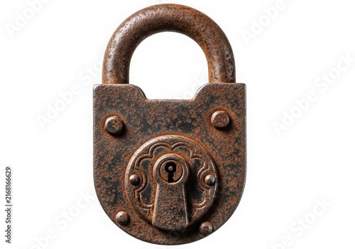 Antique rusted padlock with keyhole detail isolated on white background