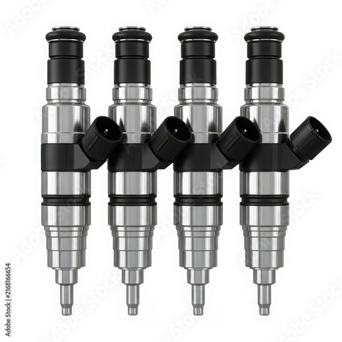 Four fuel injectors close-up view isolated on white background
