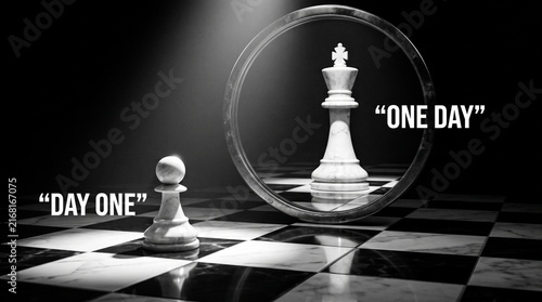 Dream Big, Start Small: A lone pawn on a chessboard stands before a reflection of a king, symbolizing the journey from humble beginnings to grand aspirations.