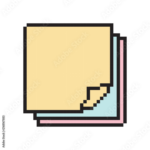 Vector pixel art icon of a square sticky note stack with a folded corner. Retro 8-bit style illustration of pastel memo paper stationery isolated on a white background.