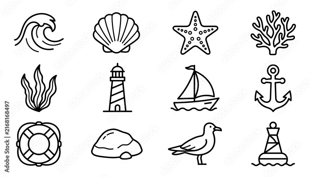 Obraz premium Nautical Icons Set with Waves, Shells, Lighthouse, and Sailboat Design