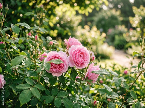 Vibrant pink garden roses bloom under golden sunlight, surrounded by lush leaves and a soft bokeh background.