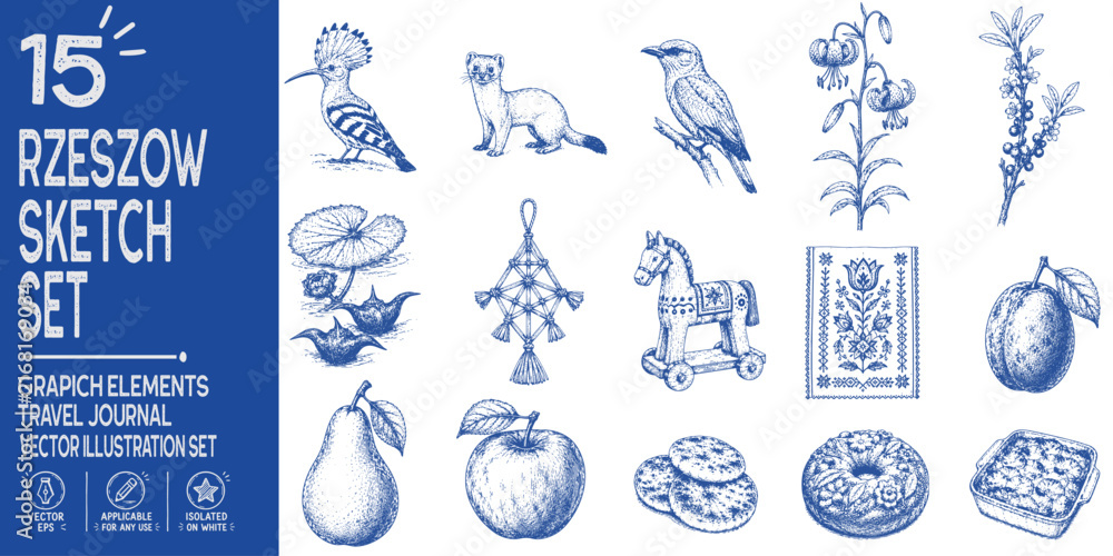 Fototapeta premium Rzeszow Poland Element Set, Podkarpackie Folk Heritage, Rzeszowiacy and Lasowiacy Culture, Traditional Crafts, Regional Foods, Wildlife and Rare Botanical Ink Sketch