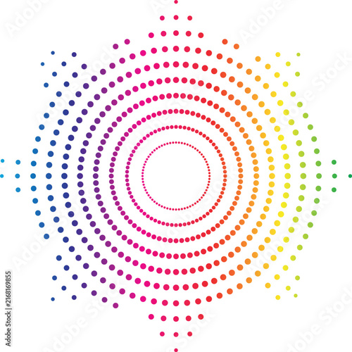 Colorful geometric halftone circle pattern with concentric dotted rings on a plain white background