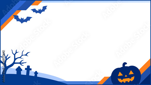 Wide Halloween Banner Frame with Navy Blue and Orange Geometric Design, Pumpkin and Bat