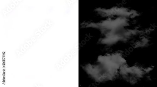Realistic white clouds on black background, fluffy atmospheric cloud textures, isolated smoke and fog elements for photo compositing