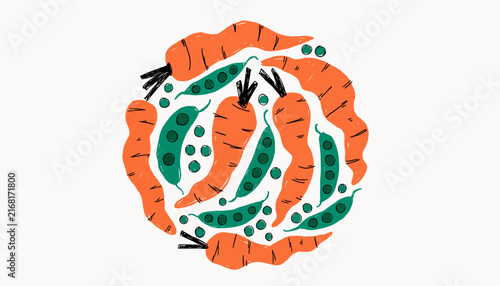 Healthy Organic Carrots and Peas Arranged in a Circle, Fresh Vegetables, Food Illustration, Natural Ingredients
