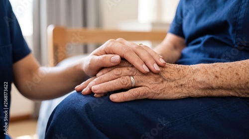 Younger relative or caregiver holding senior elder hands in empathy and care close up