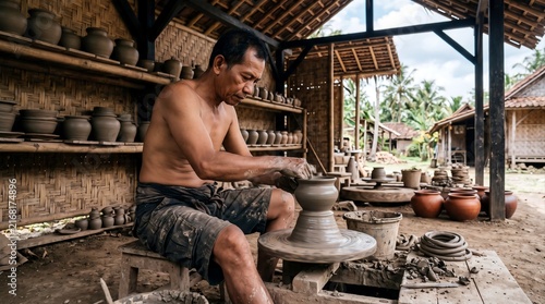 A skilled artisan forms clay on a pottery wheel in a traditional workshop with shelves of earthenware jars in the background, showcasing a time-honored craft