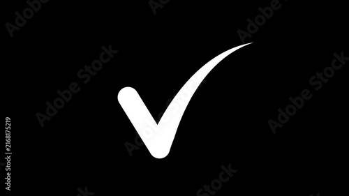 Animated white check mark symbol on black background, for success completion, and approval concepts, in modern corporate, presentation projects