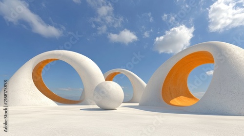 A white sphere sits in the center of three white, curved structures with orange accents, set against a blue sky with white clouds.