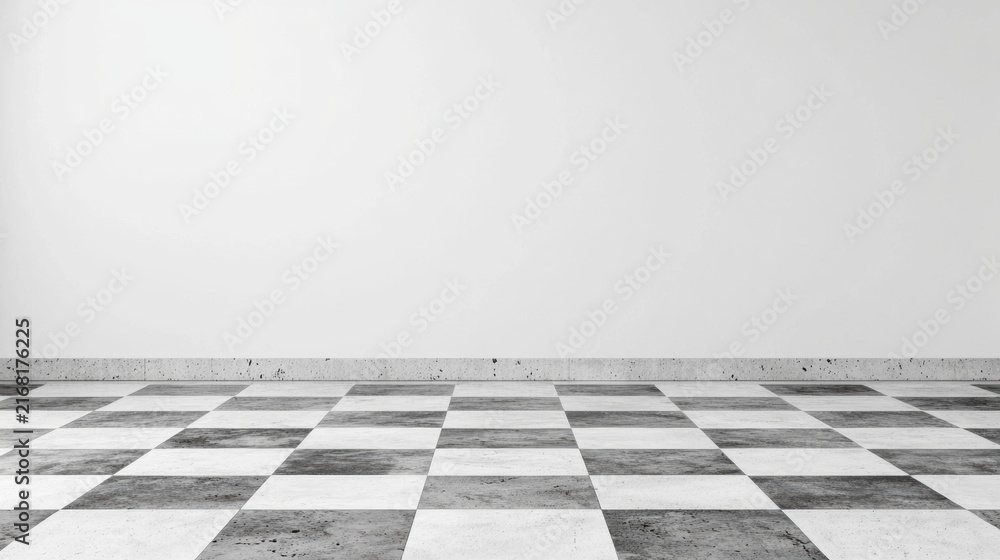 Fototapeta premium A black and white checkered floor in a room with a white wall.