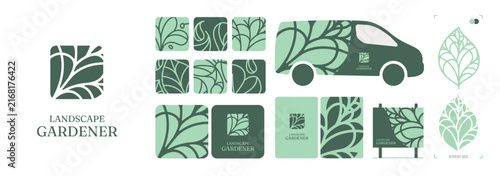 identité visuelle pour une entreprise d'aménagement paysager et de jardinage, logo botanique, feuille au trait, icônes du jardin, cartes de visite, signalétique et marquage de véhicules