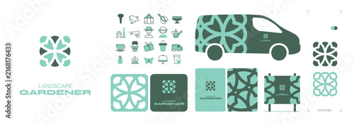 identité visuelle pour une entreprise d'aménagement paysager et de jardinage, logo botanique, feuille au trait, icônes du jardin, cartes de visite, signalétique et marquage de véhicules