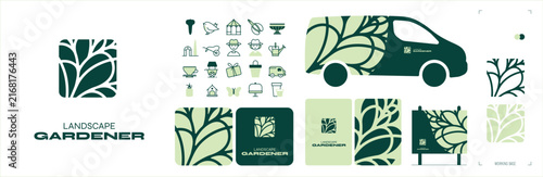 Concept d'identité visuelle pour une entreprise d'aménagement paysager et de jardinage, logo botanique, feuille au trait, icônes du jardin, cartes de visite, signalétique et marquage de véhicules