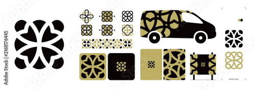 Motif floral symétrique décoratif inspiré des ornements traditionnels européens, du patrimoine breton et des motifs de carreaux de céramique. Carreaux, azulejos, céramiques, ancien, historique