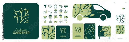 identité visuelle pour une entreprise d'aménagement paysager et de jardinage, logo botanique, feuille au trait, icônes du jardin, cartes de visite, signalétique et marquage de véhicules