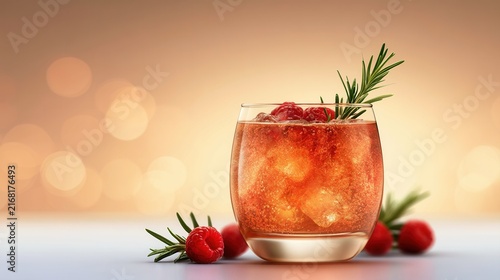 Sparkling berry mocktail with rosemary and crushed ice, festive nonalcoholic beverage, elegant studio lighting