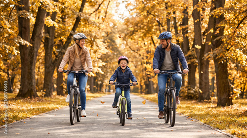 A happy family of three rides their bicycles on a paved trail in a sunny autumn park. Golden falling leaves and warm sunlight create a beautiful and joyful atmosphere.