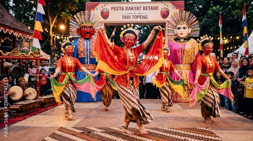 Traditional Indonesian Dance Performance Featuring Colorful Costumes and Masks During a Festival