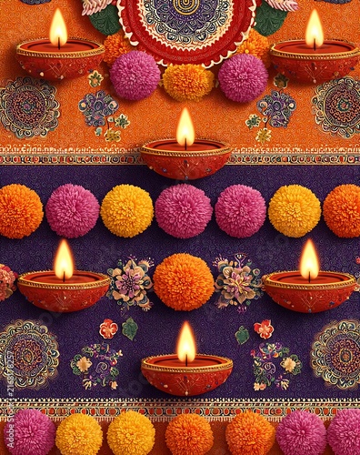 Marigold garland with diya lamps Diwali festival pattern