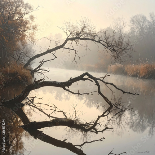 Tree branches over water reflection