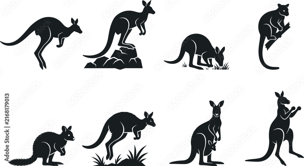 Fototapeta premium Australian Kangaroo and Wallaby Silhouette Collection with Wildlife Animal and Nature Symbols for Graphic Design Projects
