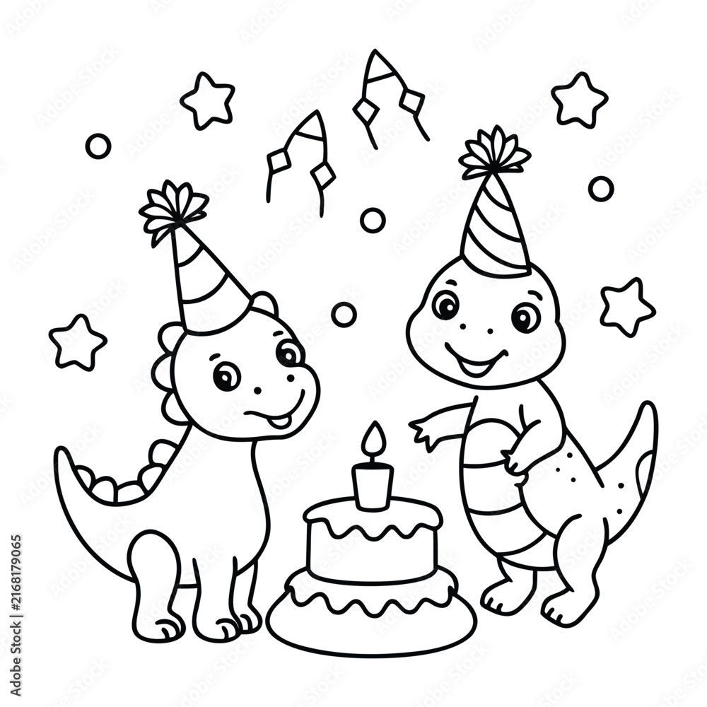 Fototapeta premium Two cute dinosaurs wearing party hats celebrating with a birthday cake and stars coloring page line