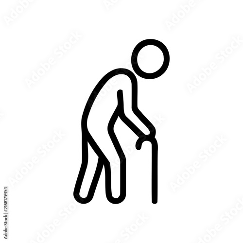 Elderly person with walking cane black line icon on white background