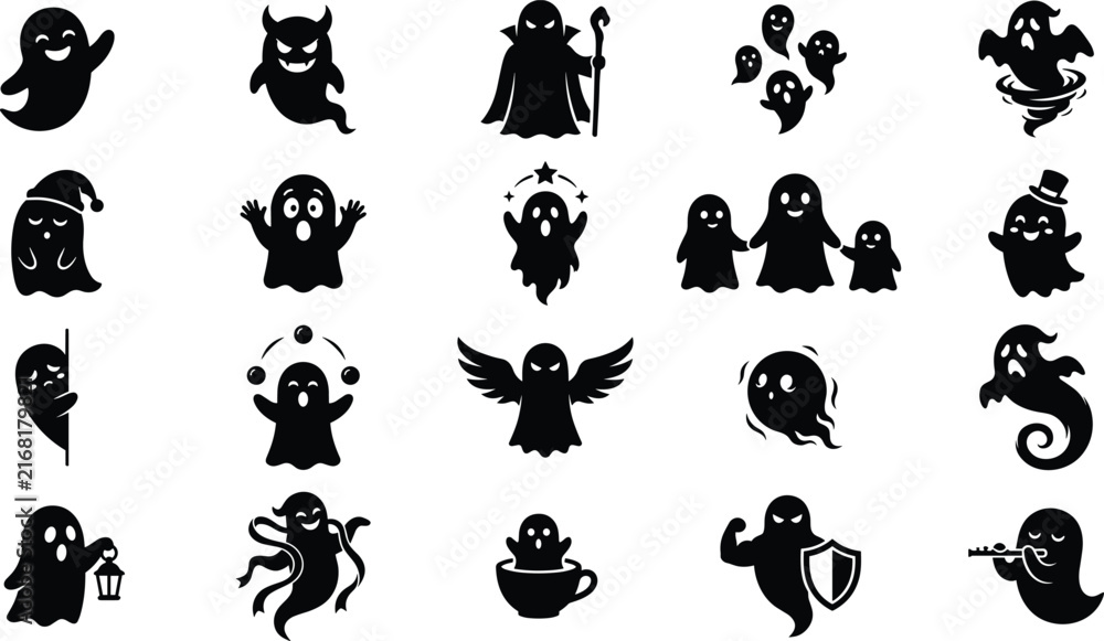 Obraz premium Halloween Cute and Scary Ghost Silhouette Icon Collection with Spooky Characters for Commercial Graphic Design