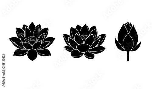 Set of three graceful black lotus silhouettes with unique petal shapes for wellness botanical branding and decorative vector artwork
