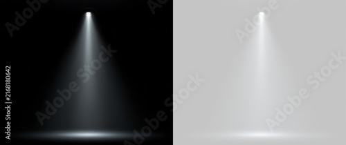 Slender vertical spotlight shining down on floor. Illumination effect overlay on transparent and black background. Minimalist stage light beam