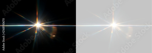 Anamorphic optical lens flare with horizontal light streak. Bright starburst with chromatic aberration overlay on black and transparent background