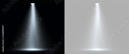 Downward spotlight beam casting oval glow on stage. Realistic ceiling downlight effect on dark and transparent background. Studio lighting template